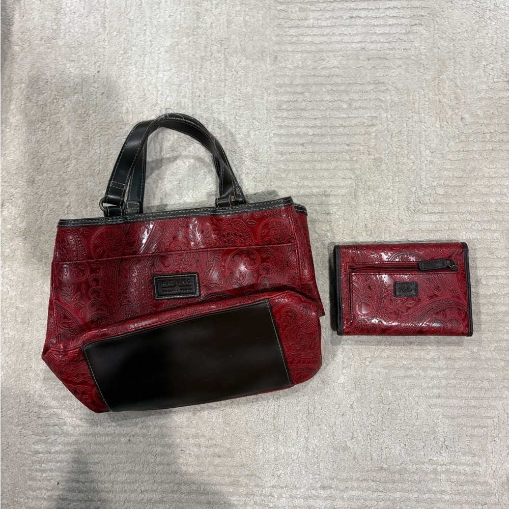 Red Leather Relic Handbag and Wallet set